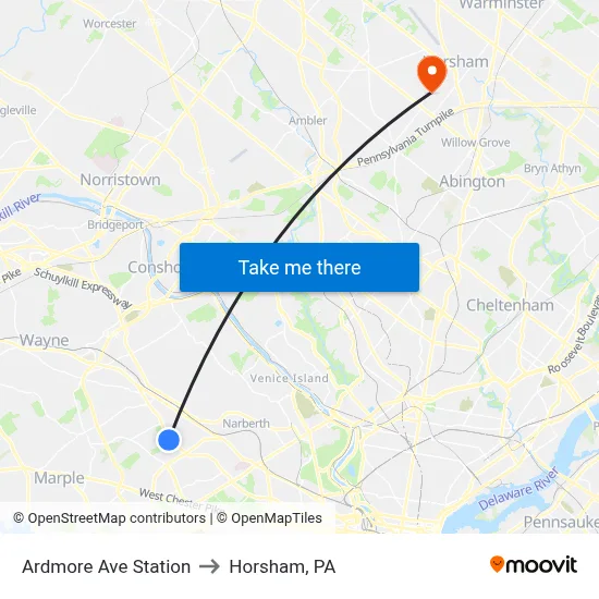 Ardmore Ave Station to Horsham, PA map