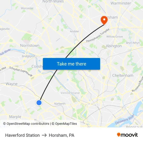 Haverford Station to Horsham, PA map