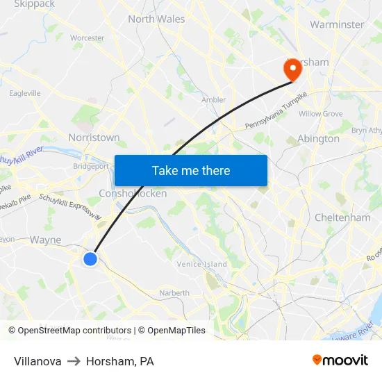 Villanova to Horsham, PA map