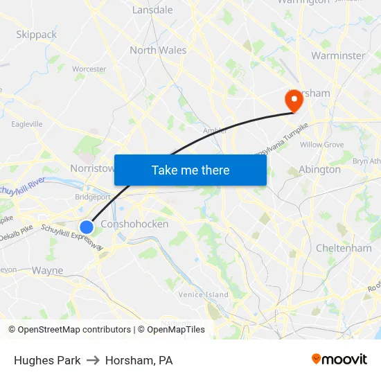 Hughes Park to Horsham, PA map