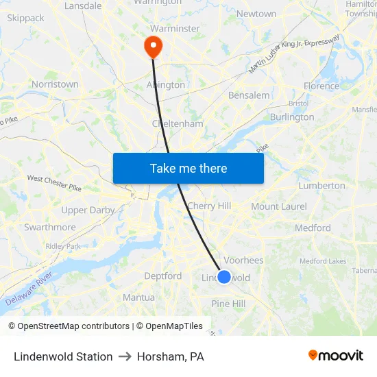 Lindenwold Station to Horsham, PA map
