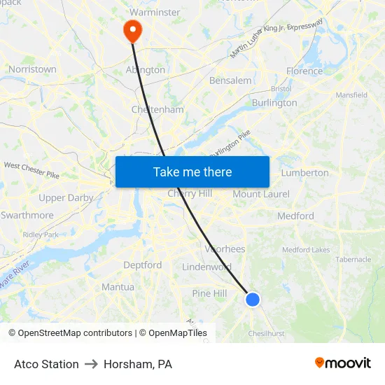Atco Station to Horsham, PA map