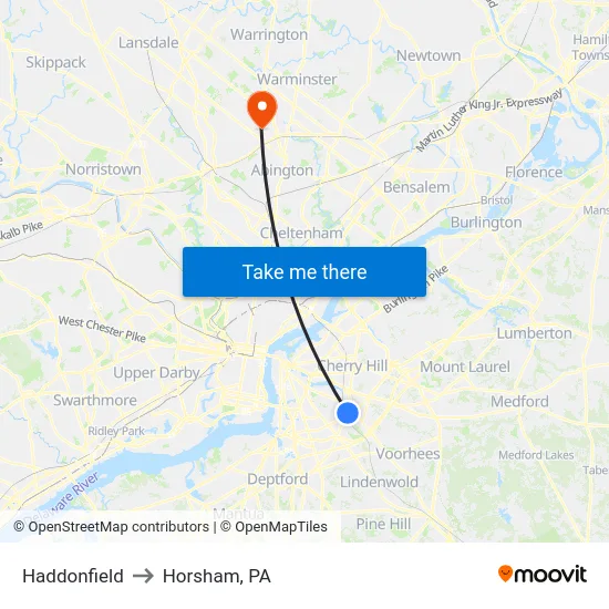 Haddonfield to Horsham, PA map