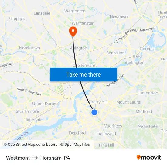 Westmont to Horsham, PA map