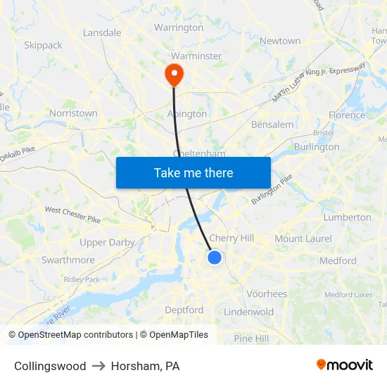 Collingswood to Horsham, PA map
