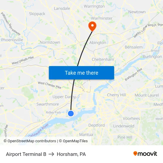 Airport Terminal B to Horsham, PA map
