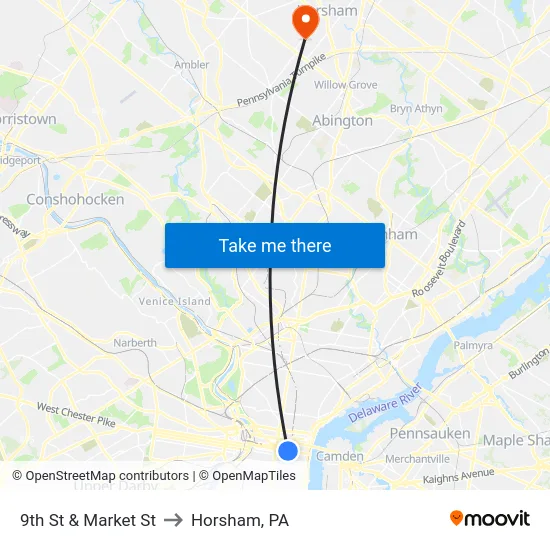 9th St & Market St to Horsham, PA map