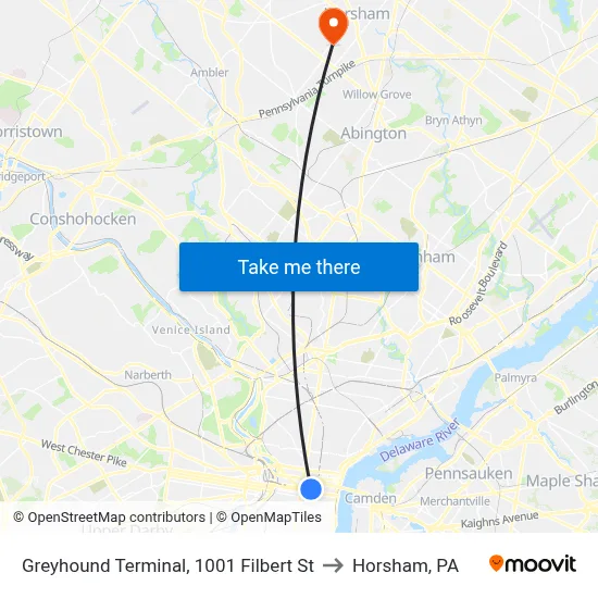 Greyhound Terminal, 1001 Filbert St to Horsham, PA map