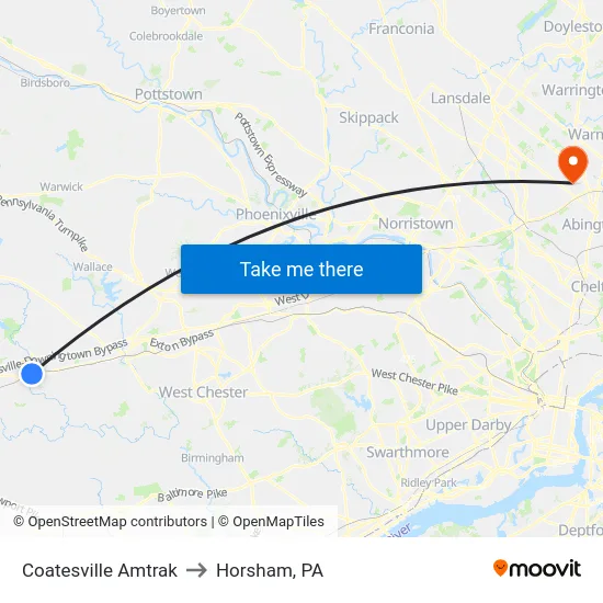 Coatesville Amtrak to Horsham, PA map