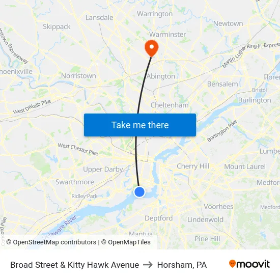 Broad Street & Kitty Hawk Avenue to Horsham, PA map