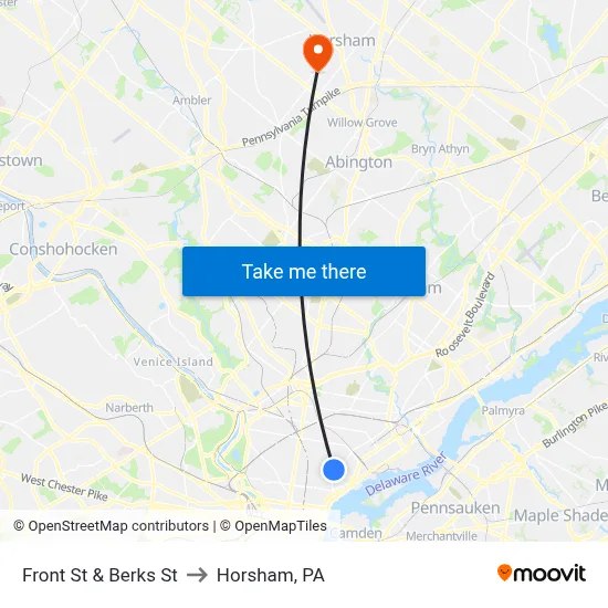 Front St & Berks St to Horsham, PA map
