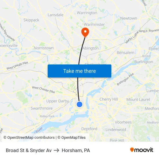 Broad St & Snyder Av to Horsham, PA map