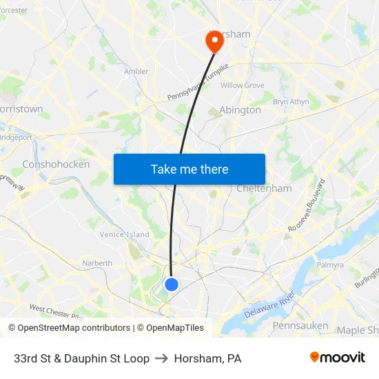 33rd St & Dauphin St Loop to Horsham, PA map
