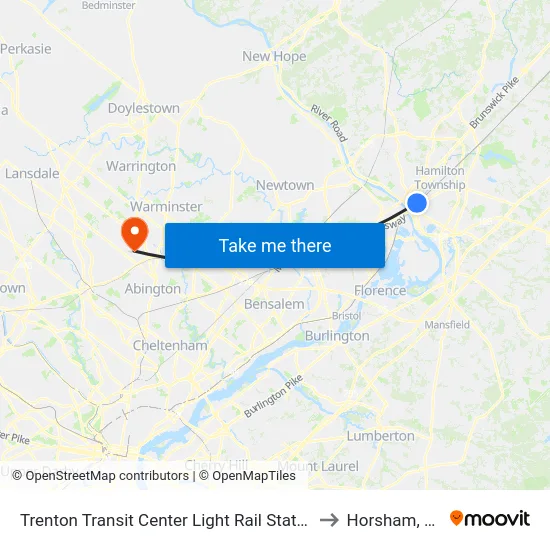 Trenton Transit Center Light Rail Station to Horsham, PA map