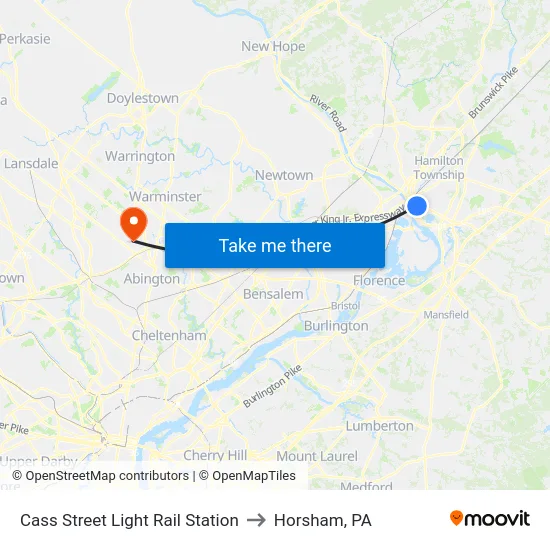 Cass Street Light Rail Station to Horsham, PA map