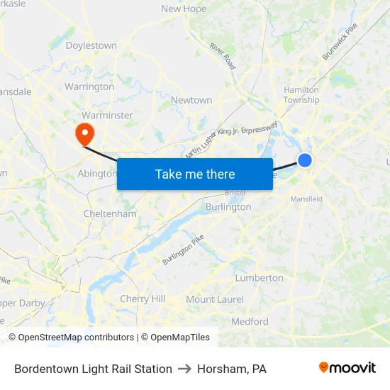 Bordentown Light Rail Station to Horsham, PA map