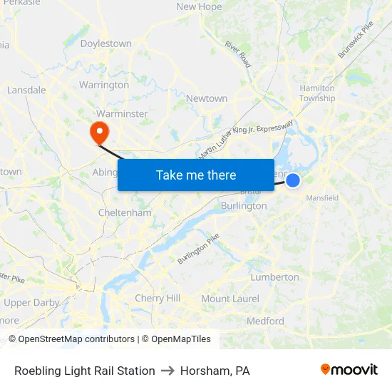 Roebling Light Rail Station to Horsham, PA map