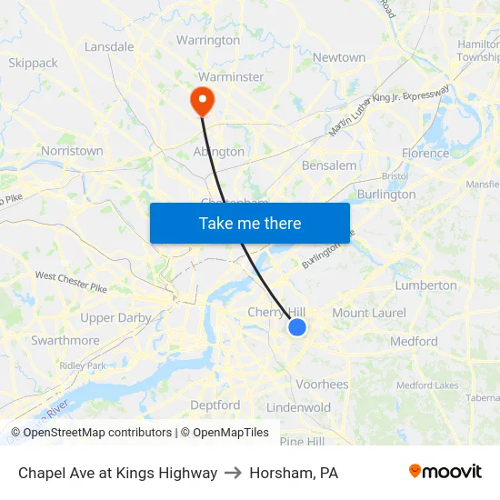 Chapel Ave at Kings Highway to Horsham, PA map