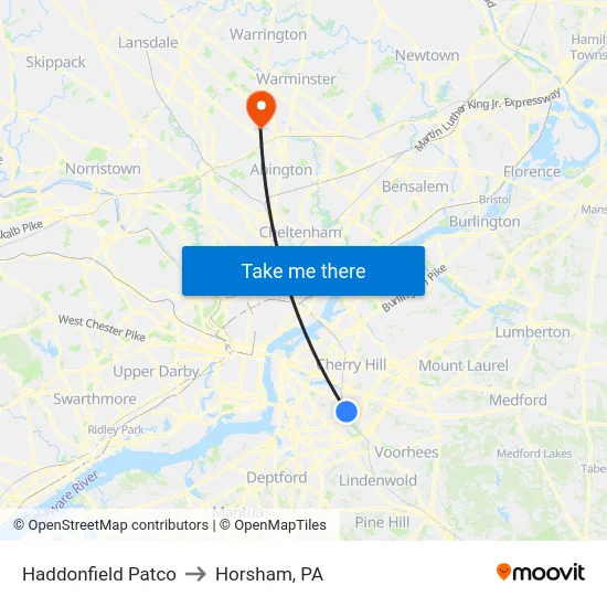 Haddonfield Patco to Horsham, PA map