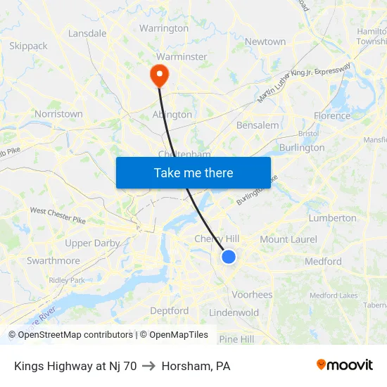 Kings Highway at Nj 70 to Horsham, PA map