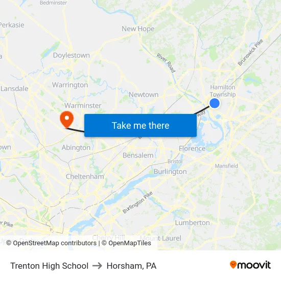 Trenton High School to Horsham, PA map