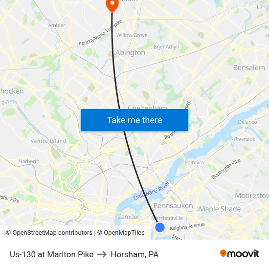 Us-130 at Marlton Pike to Horsham, PA map