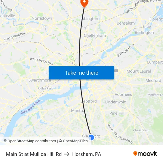 Main St at Mullica Hill Rd to Horsham, PA map