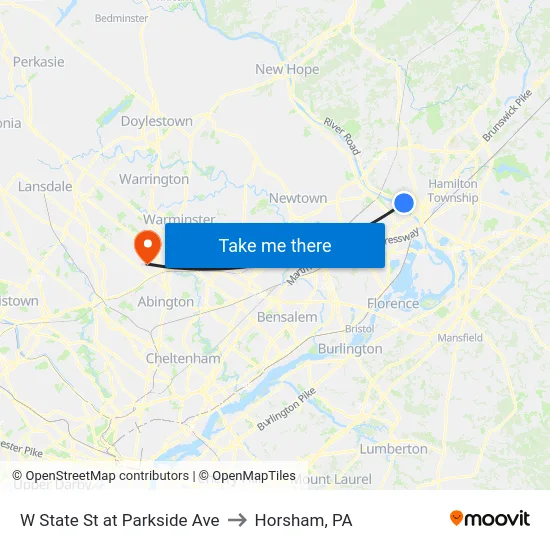 W State St at Parkside Ave to Horsham, PA map