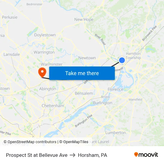 Prospect St at Bellevue Ave to Horsham, PA map
