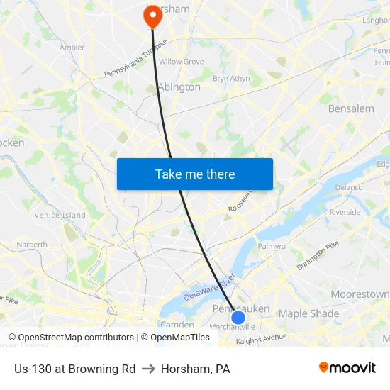 Us-130 at Browning Rd to Horsham, PA map