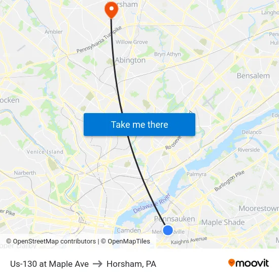 Us-130 at Maple Ave to Horsham, PA map