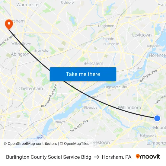 Burlington County Social Service Bldg to Horsham, PA map