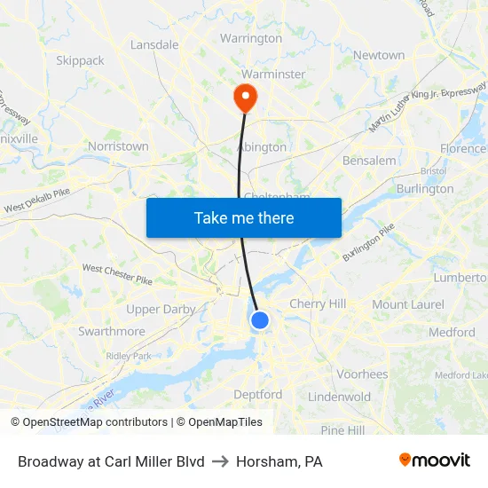 Broadway at Carl Miller Blvd to Horsham, PA map