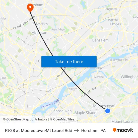 Rt-38 at Moorestown-Mt Laurel Rd# to Horsham, PA map