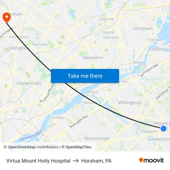Virtua Mount Holly Hospital to Horsham, PA map