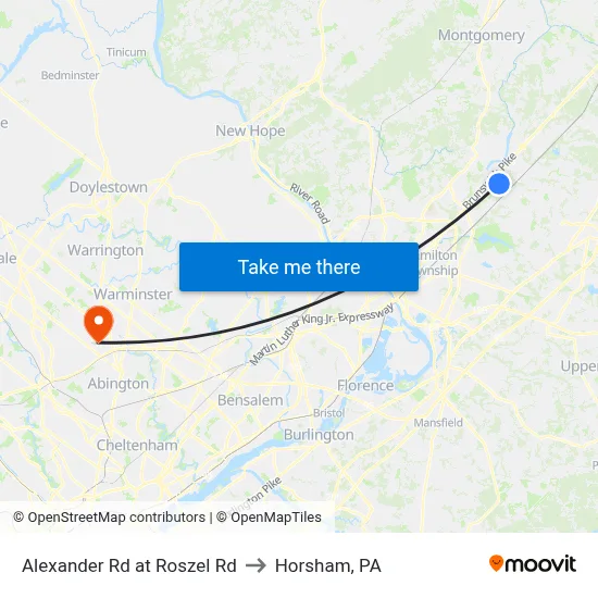 Alexander Rd at Roszel Rd to Horsham, PA map