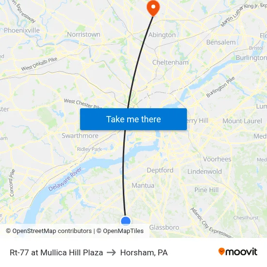 Rt-77 at Mullica Hill Plaza to Horsham, PA map
