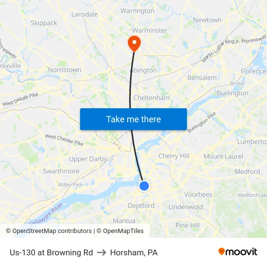 Us-130 at Browning Rd to Horsham, PA map