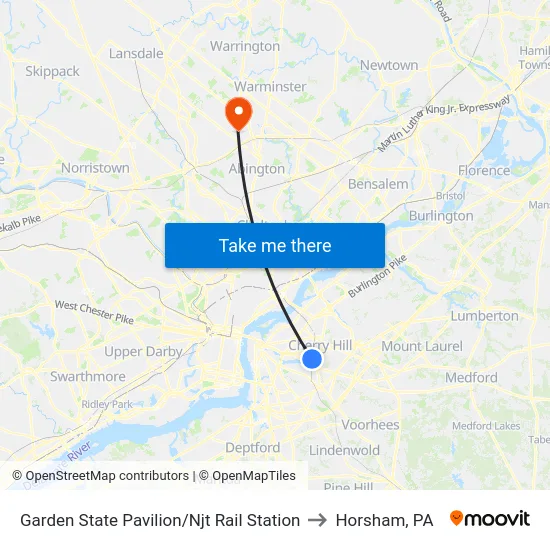 Garden State Pavilion/Njt Rail Station to Horsham, PA map