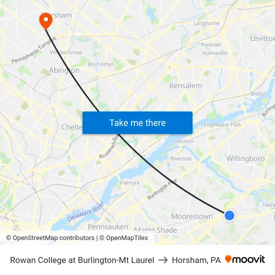 Rowan College at Burlington-Mt Laurel to Horsham, PA map