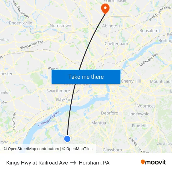 Kings Hwy at Railroad Ave to Horsham, PA map