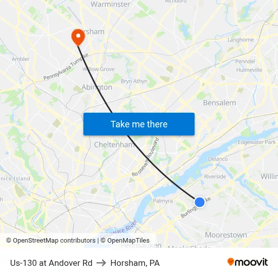 Us-130 at Andover Rd to Horsham, PA map