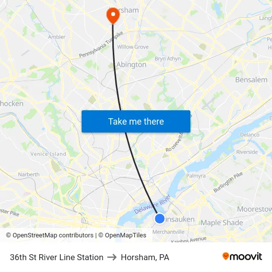 36th St River Line Station to Horsham, PA map