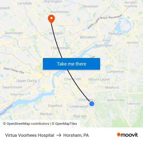 Virtua Voorhees Hospital to Horsham, PA map