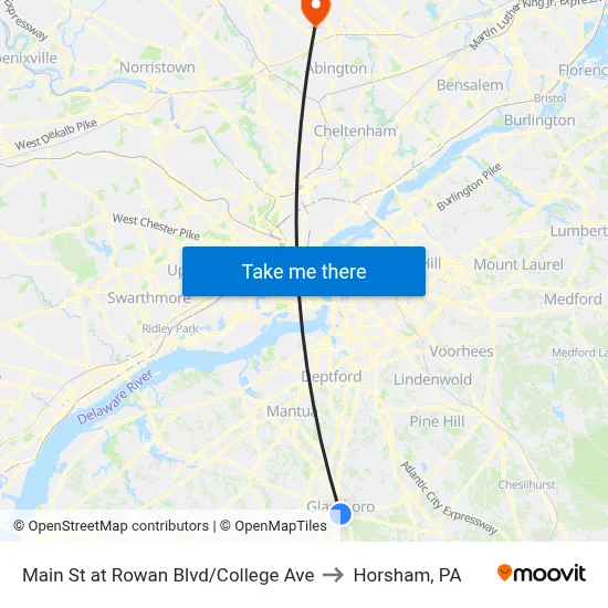 Main St at Rowan Blvd/College Ave to Horsham, PA map