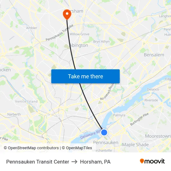 Pennsauken Transit Center to Horsham, PA map