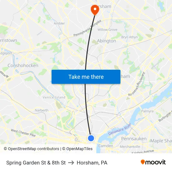 Spring Garden St & 8th St to Horsham, PA map