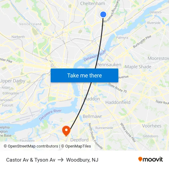 Castor Av & Tyson Av to Woodbury, NJ map