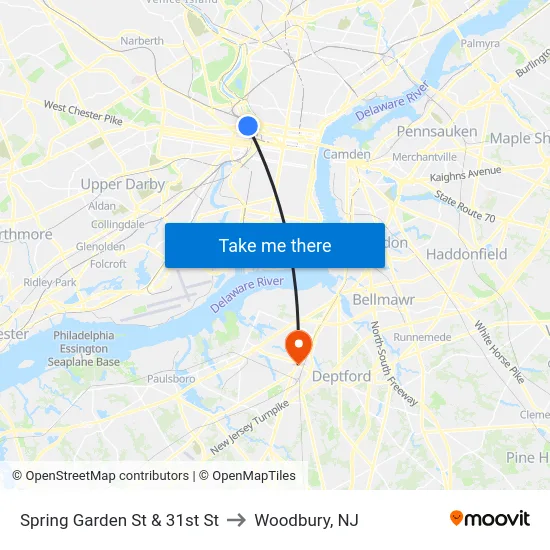 Spring Garden St & 31st St to Woodbury, NJ map