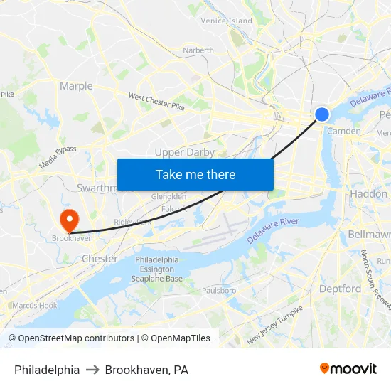 Philadelphia to Brookhaven, PA map